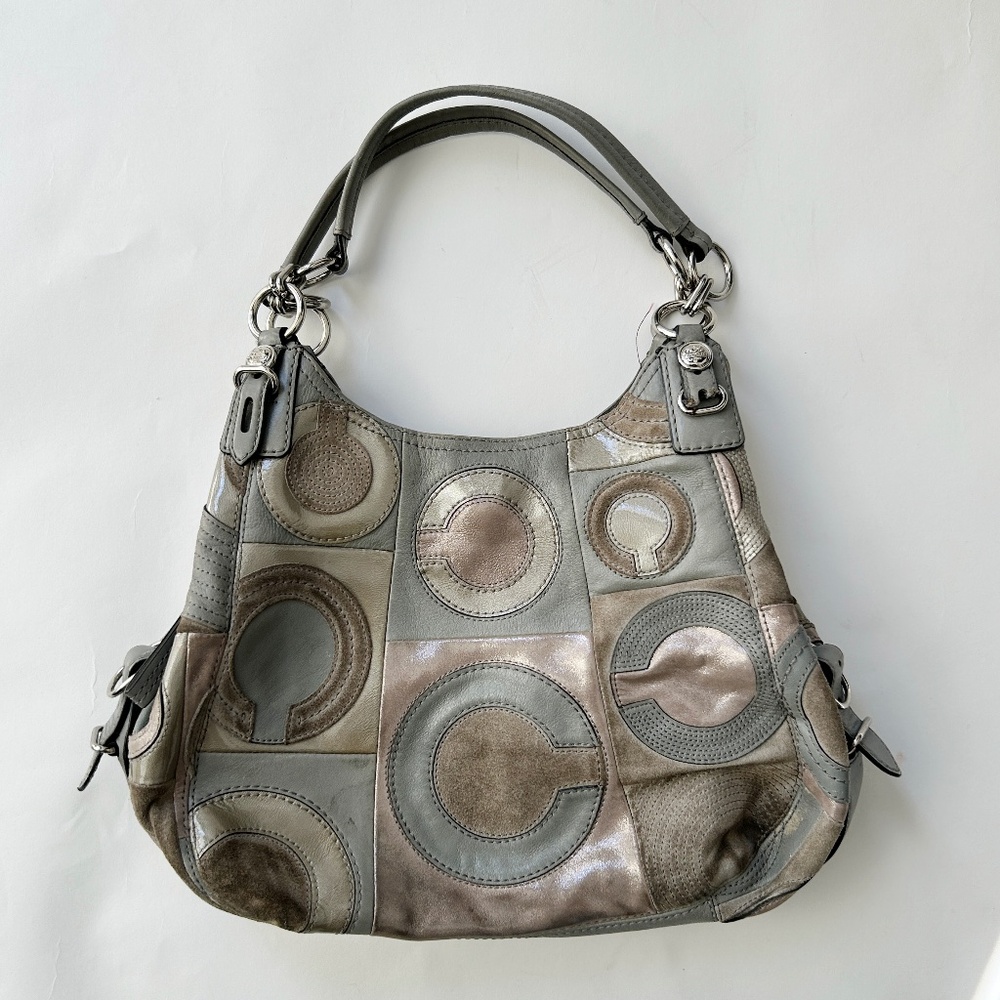 Coach Maggie Mia Leather and Suede Monogram Hobo Bag in Grey / Brown